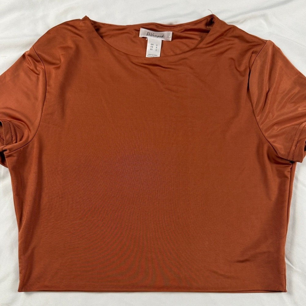 ReVamped Rust Orange Short Sleeve Crop Top‎ Shirt Small Layering Minimalist